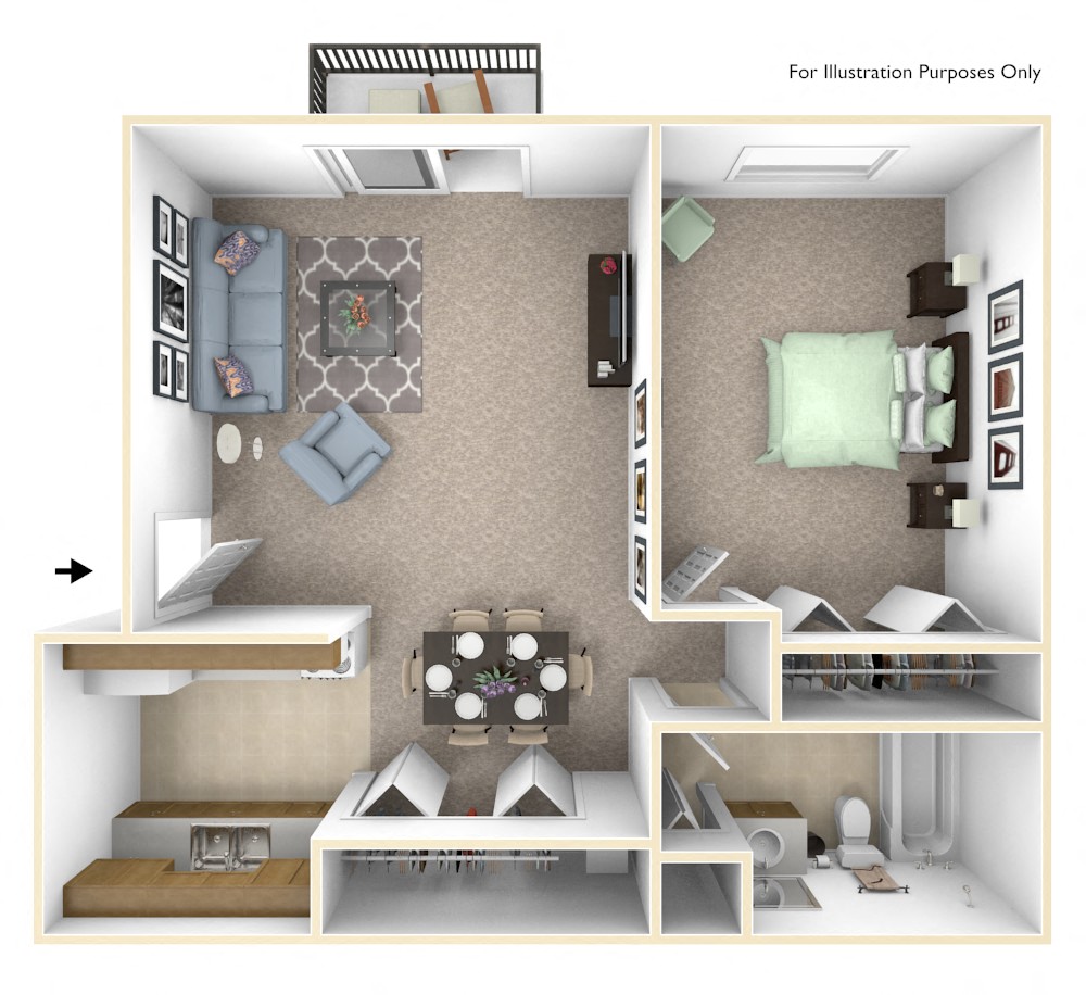 Floor plan for 1 bed, 1 bath, 550 sqft
